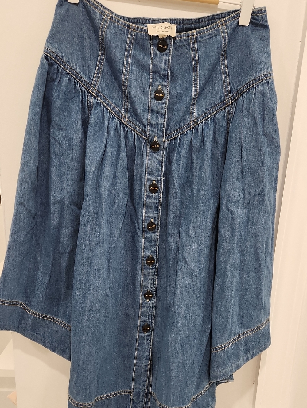 Pilcro Blue Denim Button-Front A-Line Midi Skirt